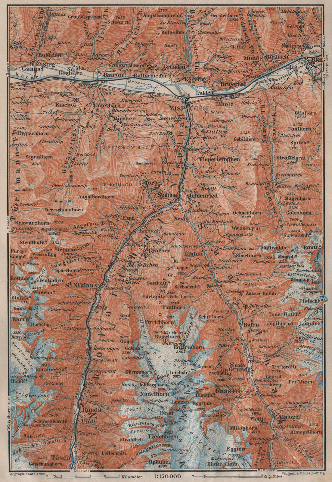 STALDEN/SAAS-FEE AREA. Mischabel Group Grächen Dom Raron Randa Visp 1911 map